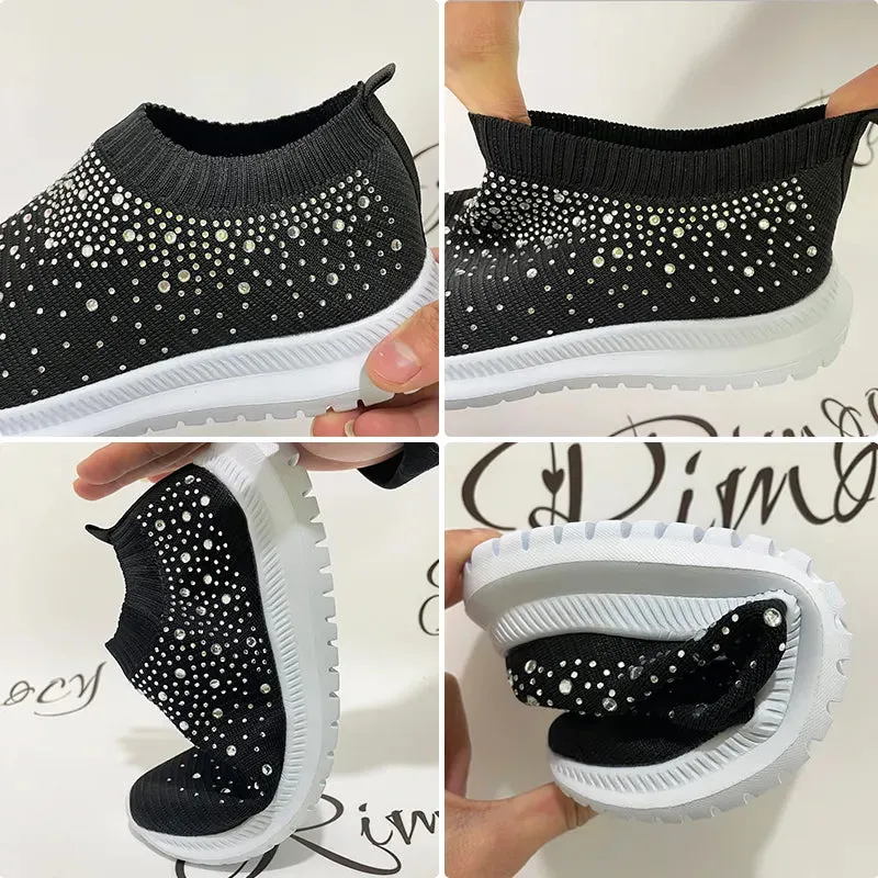 Rimocy Crystal Breathable Mesh Sneaker Shoes for Women Comfortable Soft Bottom Flats Plus Size  Slip Casual Shoes Woman