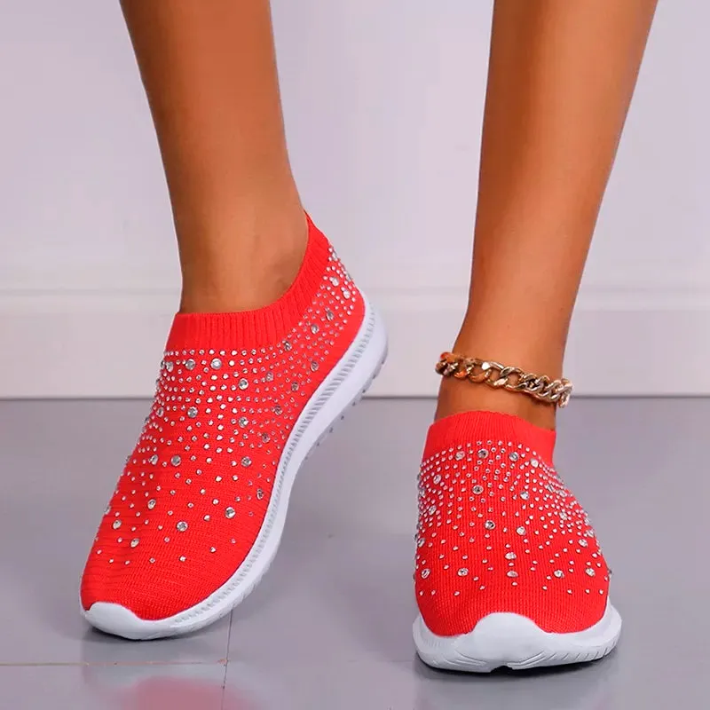 Rimocy Crystal Breathable Mesh Sneaker Shoes for Women Comfortable Soft Bottom Flats Plus Size  Slip Casual Shoes Woman