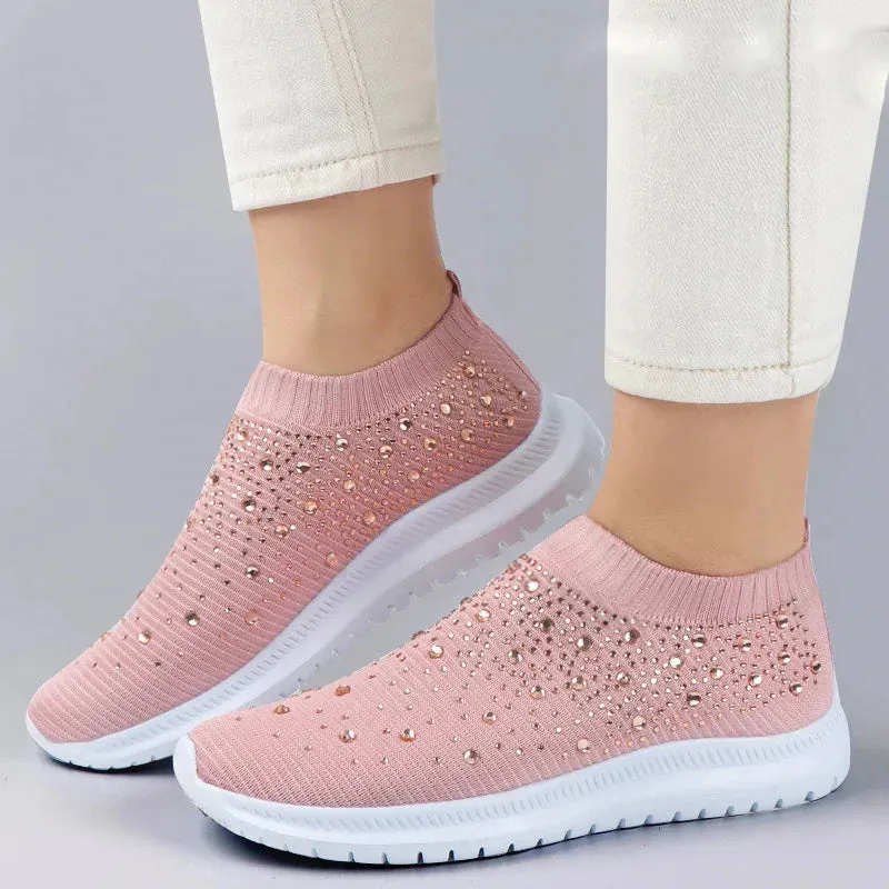 Rimocy Crystal Breathable Mesh Sneaker Shoes for Women Comfortable Soft Bottom Flats Plus Size  Slip Casual Shoes Woman