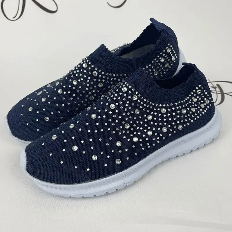 Rimocy Crystal Breathable Mesh Sneaker Shoes for Women Comfortable Soft Bottom Flats Plus Size  Slip Casual Shoes Woman