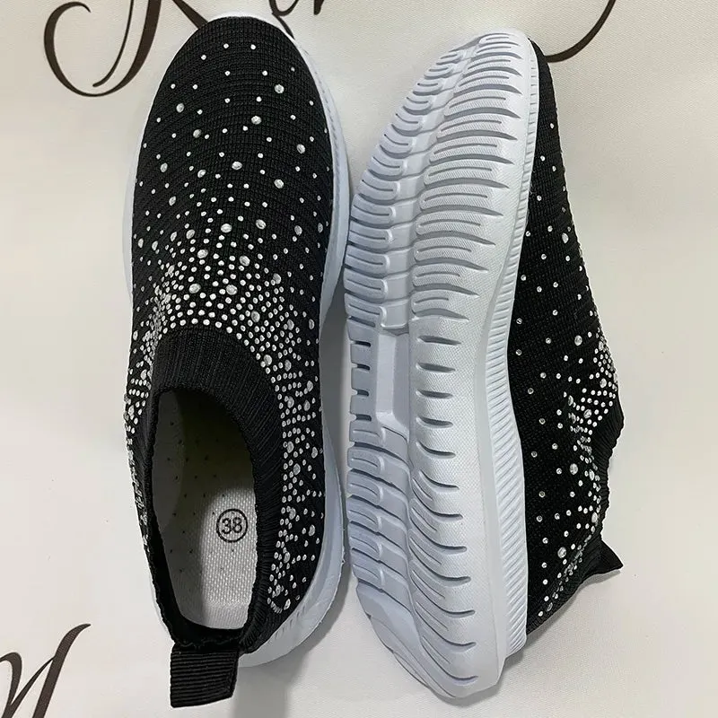 Rimocy Crystal Breathable Mesh Sneaker Shoes for Women Comfortable Soft Bottom Flats Plus Size  Slip Casual Shoes Woman