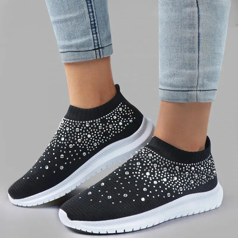 Rimocy Crystal Breathable Mesh Sneaker Shoes for Women Comfortable Soft Bottom Flats Plus Size  Slip Casual Shoes Woman