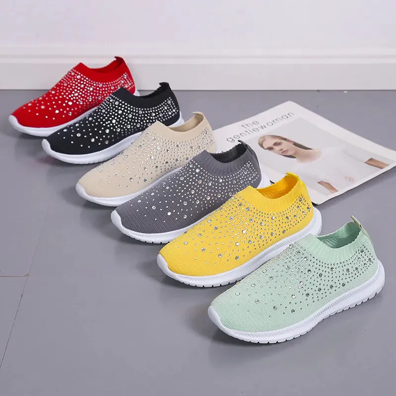 Rimocy Crystal Breathable Mesh Sneaker Shoes for Women Comfortable Soft Bottom Flats Plus Size  Slip Casual Shoes Woman