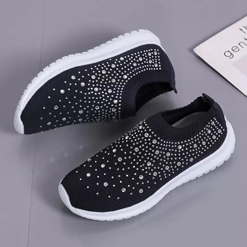 Rimocy Crystal Breathable Mesh Sneaker Shoes for Women Comfortable Soft Bottom Flats Plus Size  Slip Casual Shoes Woman