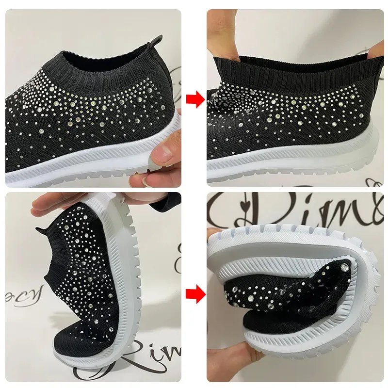 Rimocy Crystal Breathable Mesh Sneaker Shoes for Women Comfortable Soft Bottom Flats Plus Size  Slip Casual Shoes Woman