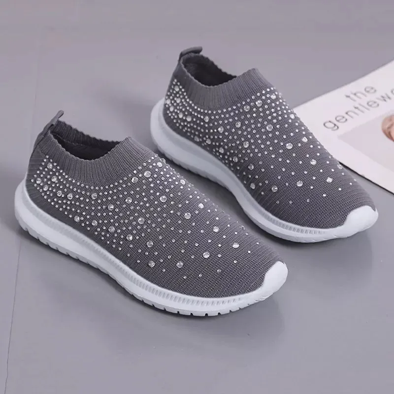 Rimocy Crystal Breathable Mesh Sneaker Shoes for Women Comfortable Soft Bottom Flats Plus Size  Slip Casual Shoes Woman