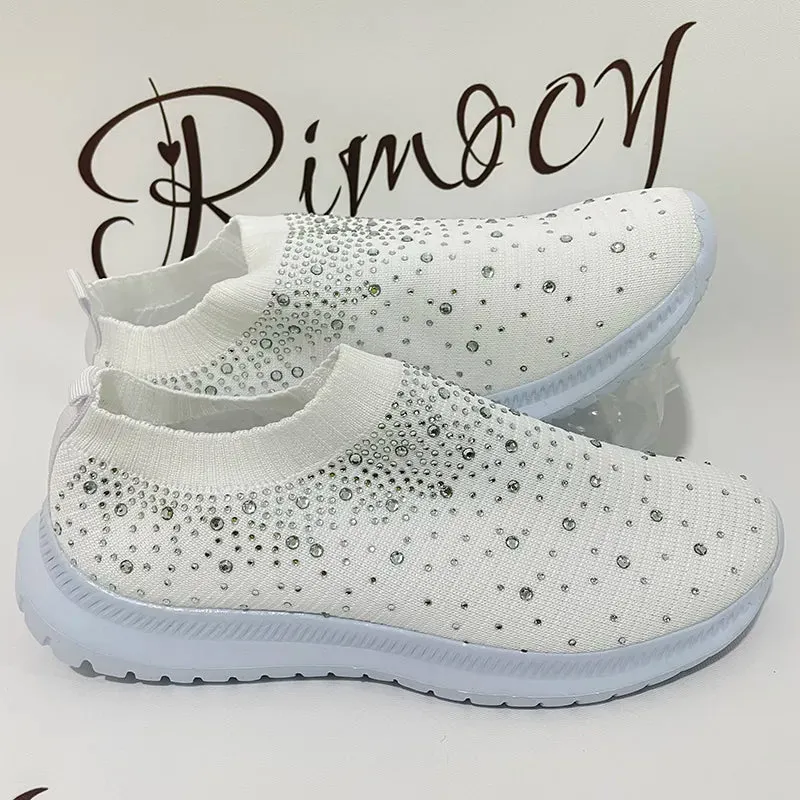 Rimocy Crystal Breathable Mesh Sneaker Shoes for Women Comfortable Soft Bottom Flats Plus Size  Slip Casual Shoes Woman