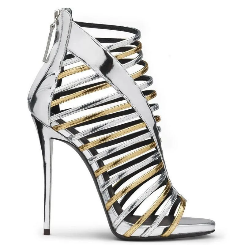 Roman Style High Heel Sandals with Silver Metallic Straps