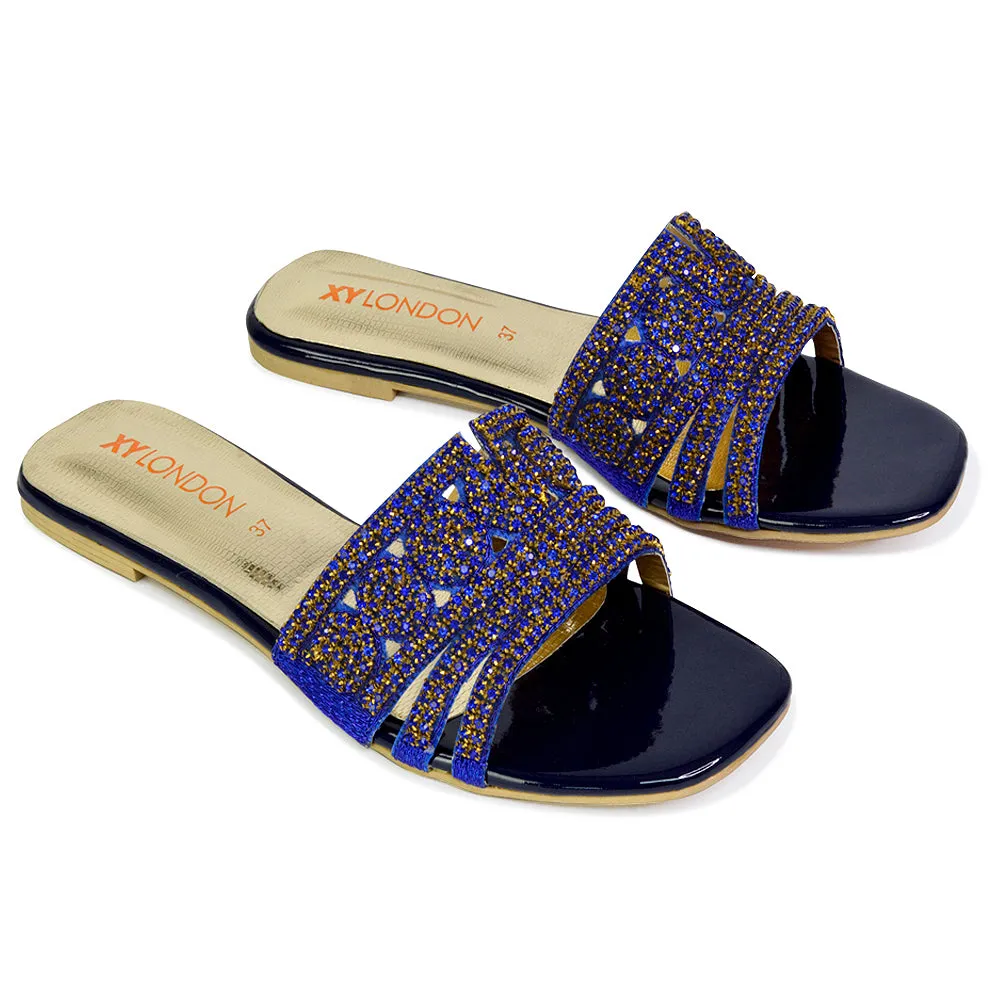 Sam Cut Out Square Toe Sparkly Front Strap Flat Diamante Sandals in Blue