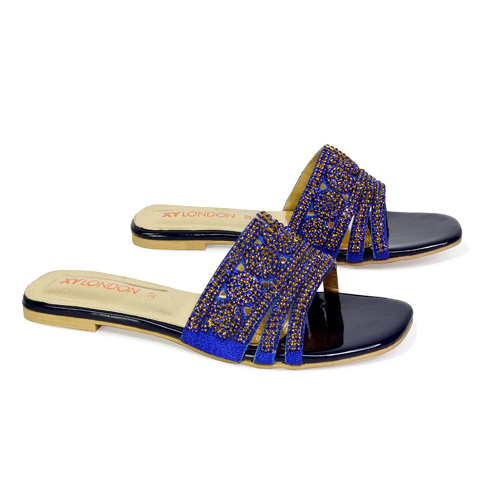 Sam Cut Out Square Toe Sparkly Front Strap Flat Diamante Sandals in Blue