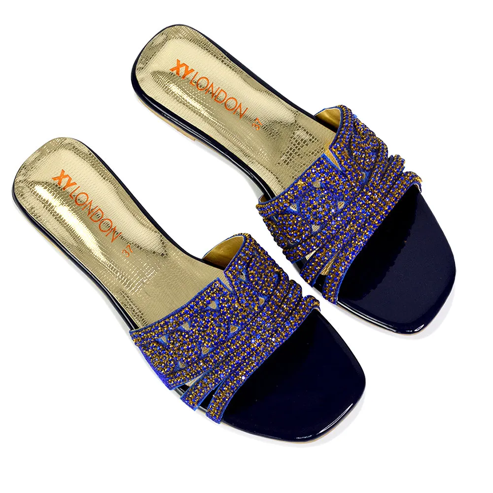 Sam Cut Out Square Toe Sparkly Front Strap Flat Diamante Sandals in Blue