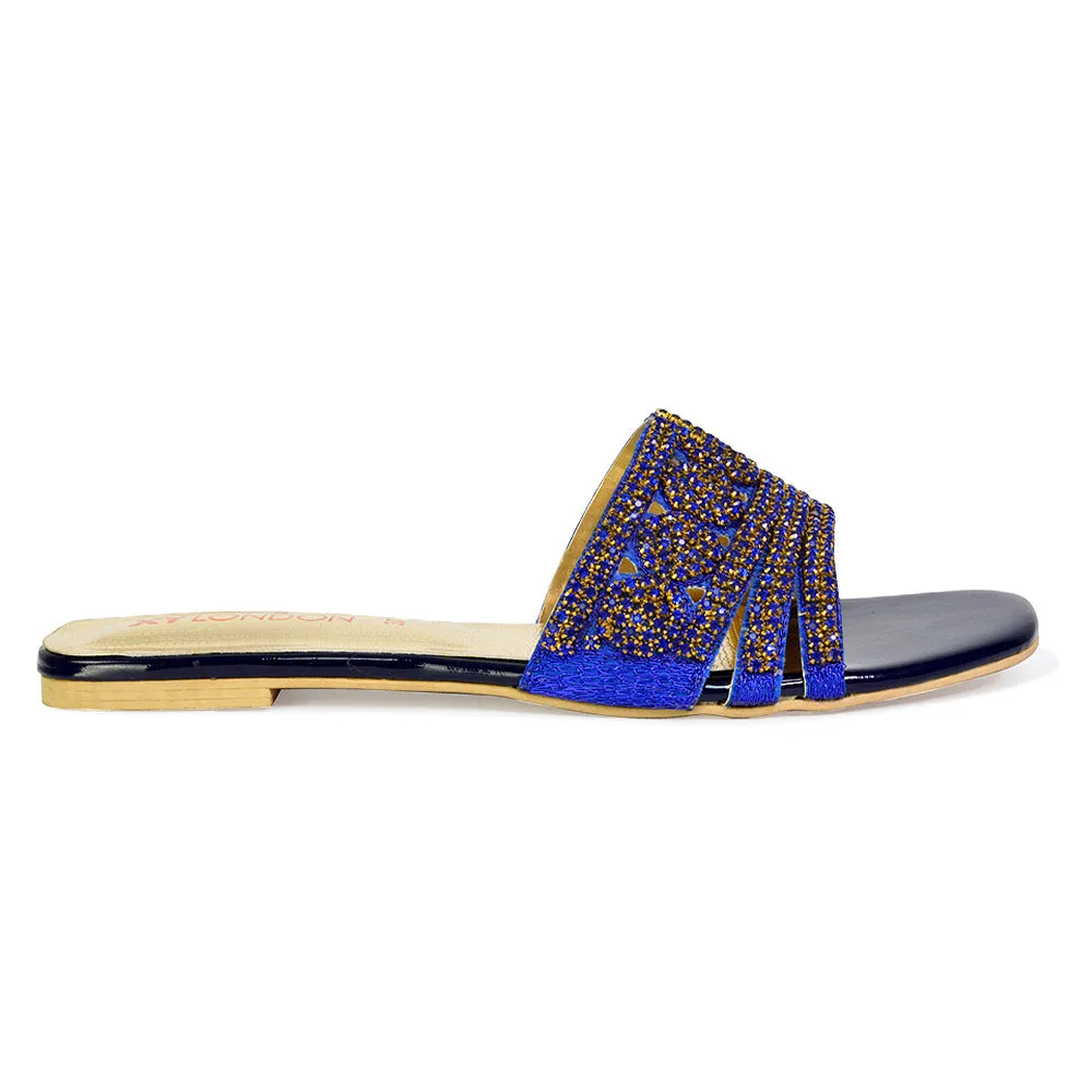 Sam Cut Out Square Toe Sparkly Front Strap Flat Diamante Sandals in Blue