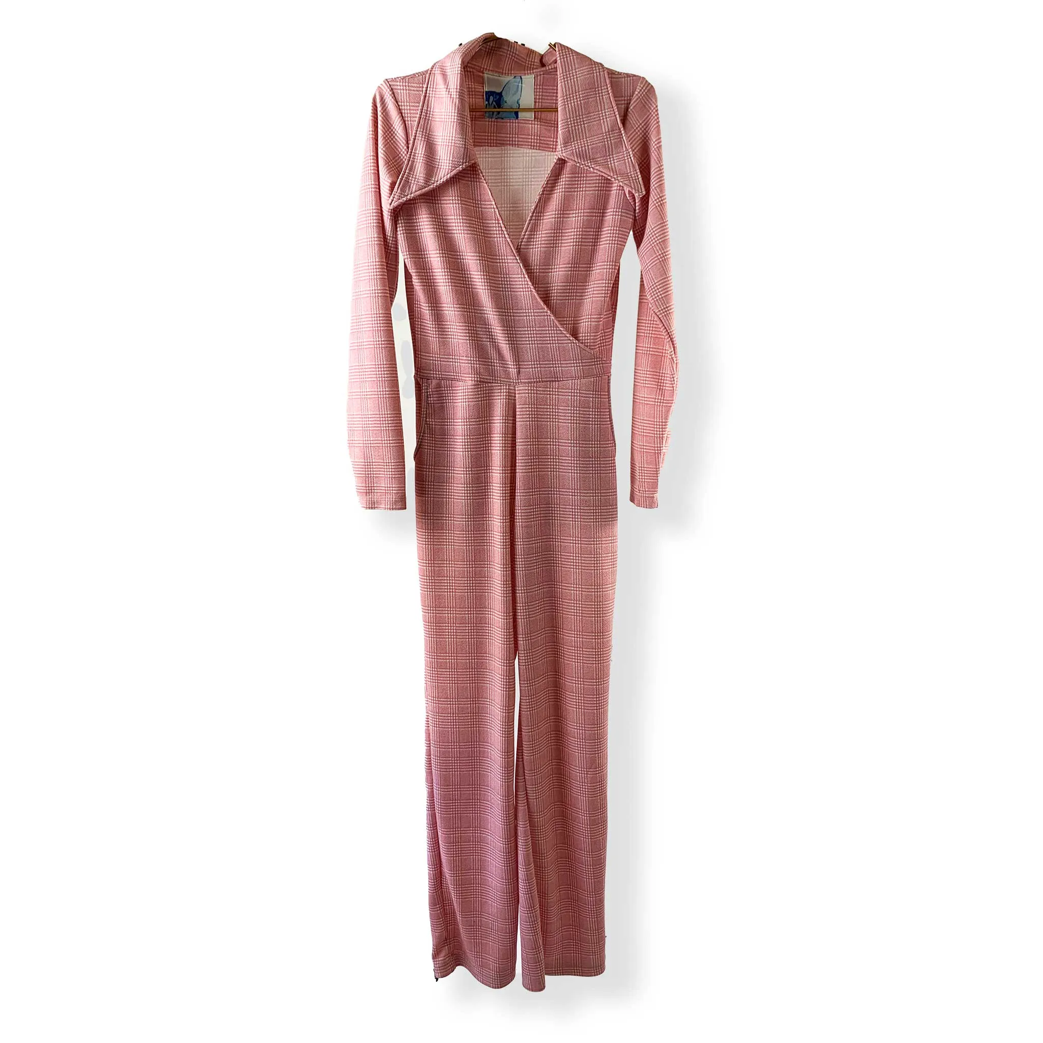 SAMPLE Big Collar, Plunge Neckline 70s Pink Long Sleeve Jumpsuit - Glen Plaid