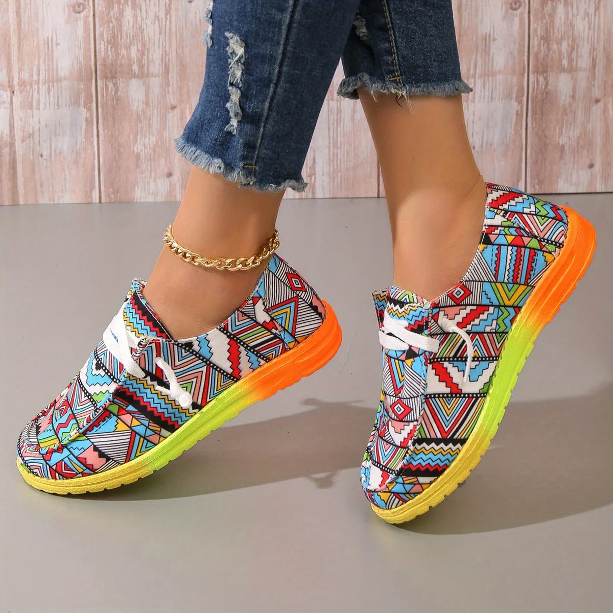 Slip On Shoes Canvas Comfortable Loafers Trendy Lace Up Low Top Colorful Pattern