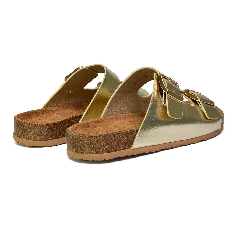 Star Double Buckle Strap Flat Slider Casual Footbed Summer Mule Sandals in Gold