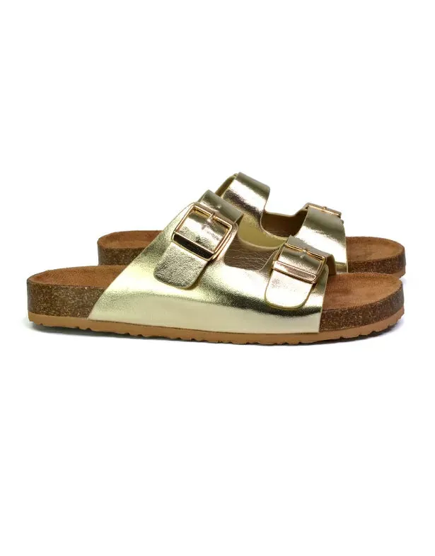 Star Double Buckle Strap Flat Slider Casual Footbed Summer Mule Sandals in Gold