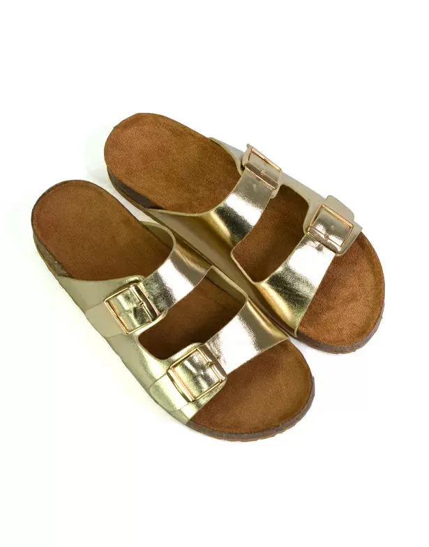 Star Double Buckle Strap Flat Slider Casual Footbed Summer Mule Sandals in Gold