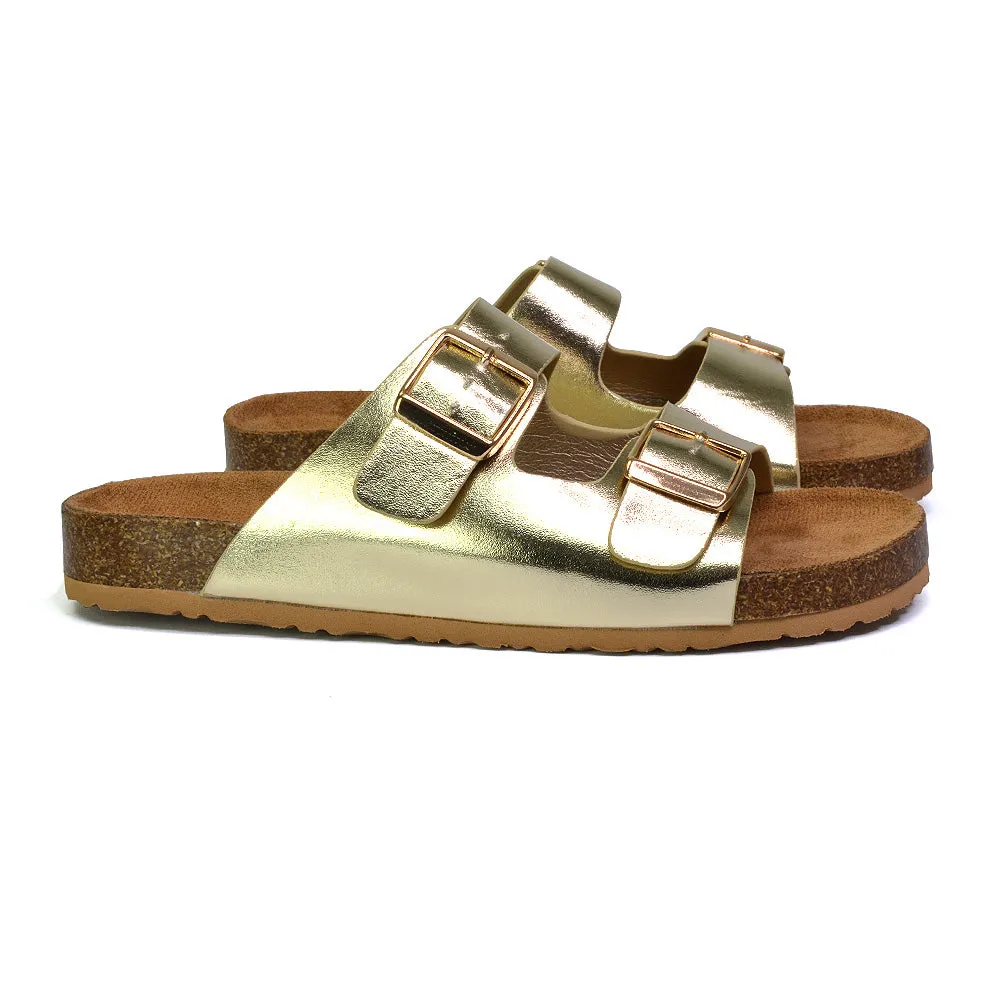 Star Double Buckle Strap Flat Slider Casual Footbed Summer Mule Sandals in Gold