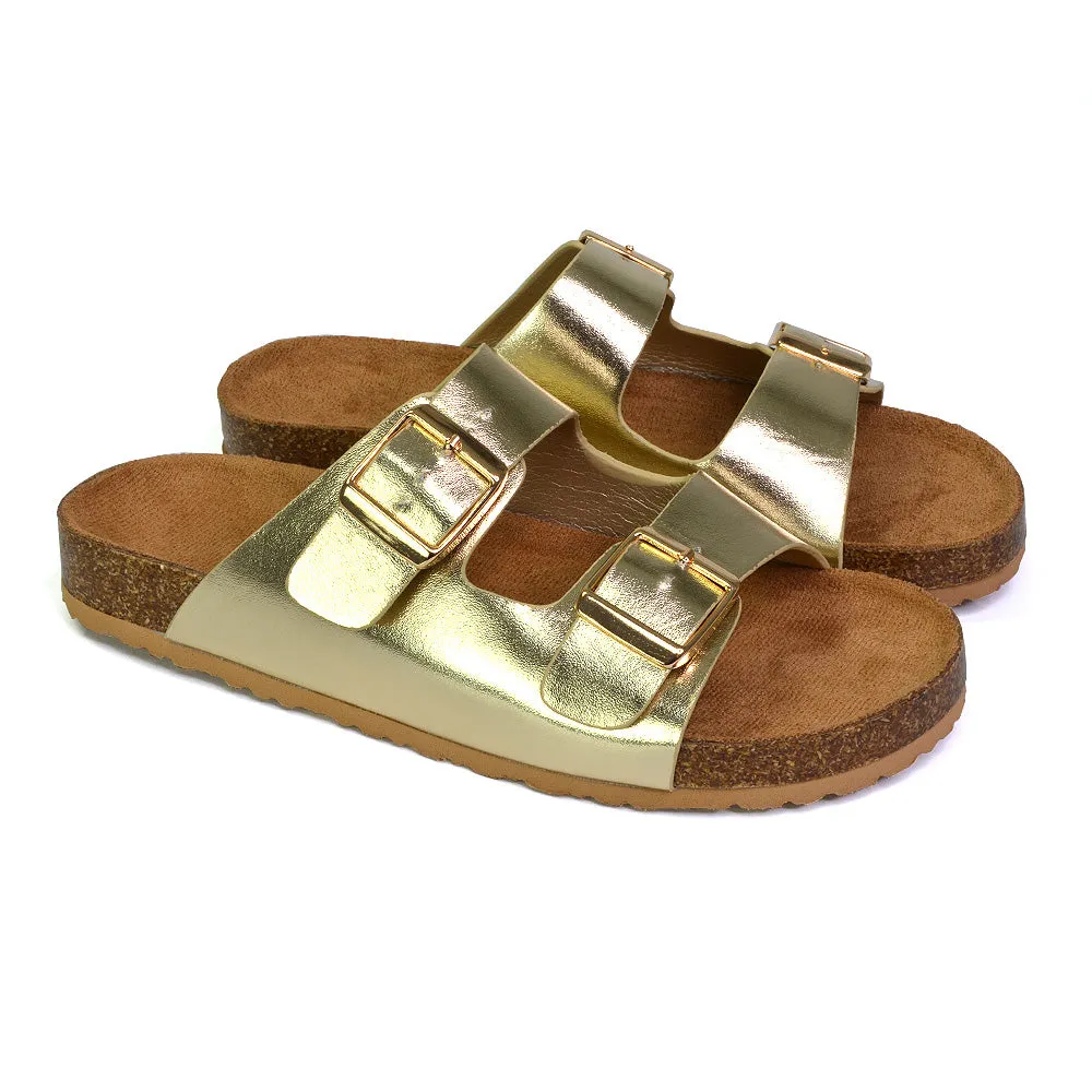 Star Double Buckle Strap Flat Slider Casual Footbed Summer Mule Sandals in Gold