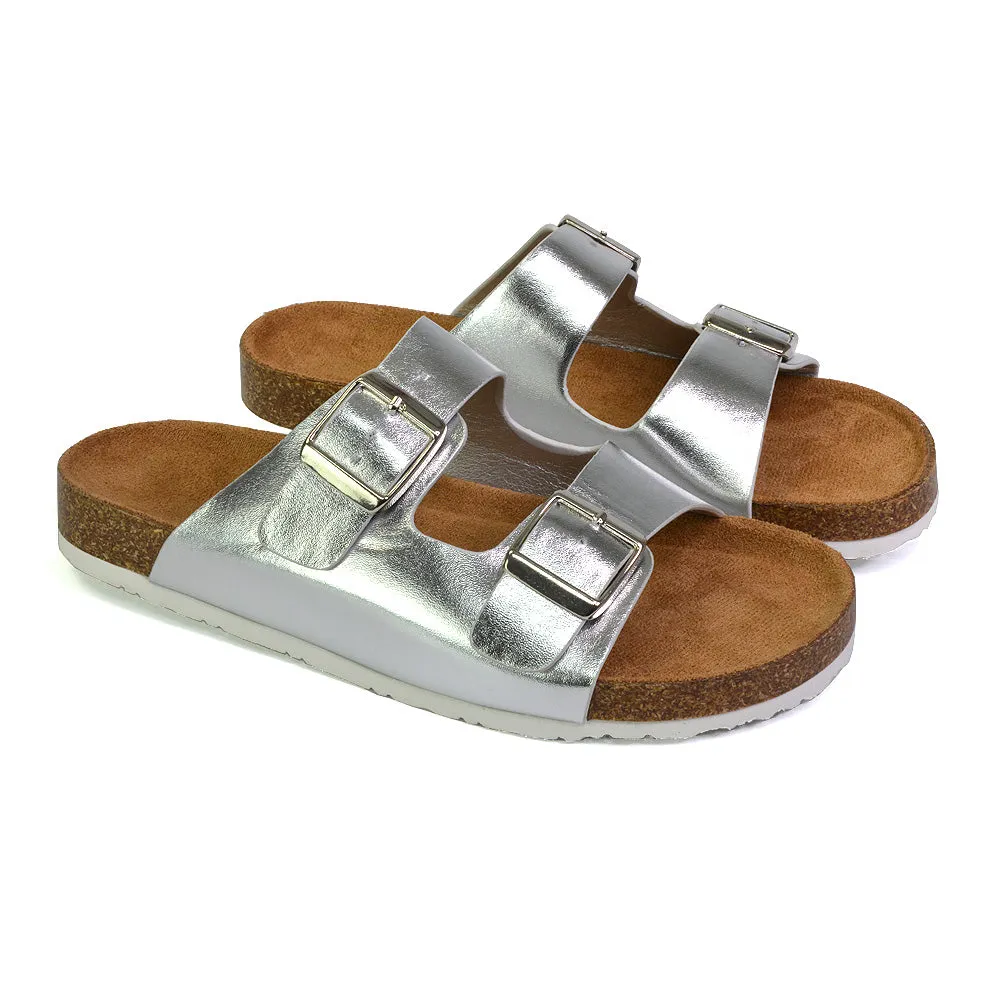 Star Double Buckle Strap Flat Slider Casual Footbed Summer Mule Sandals in Gold