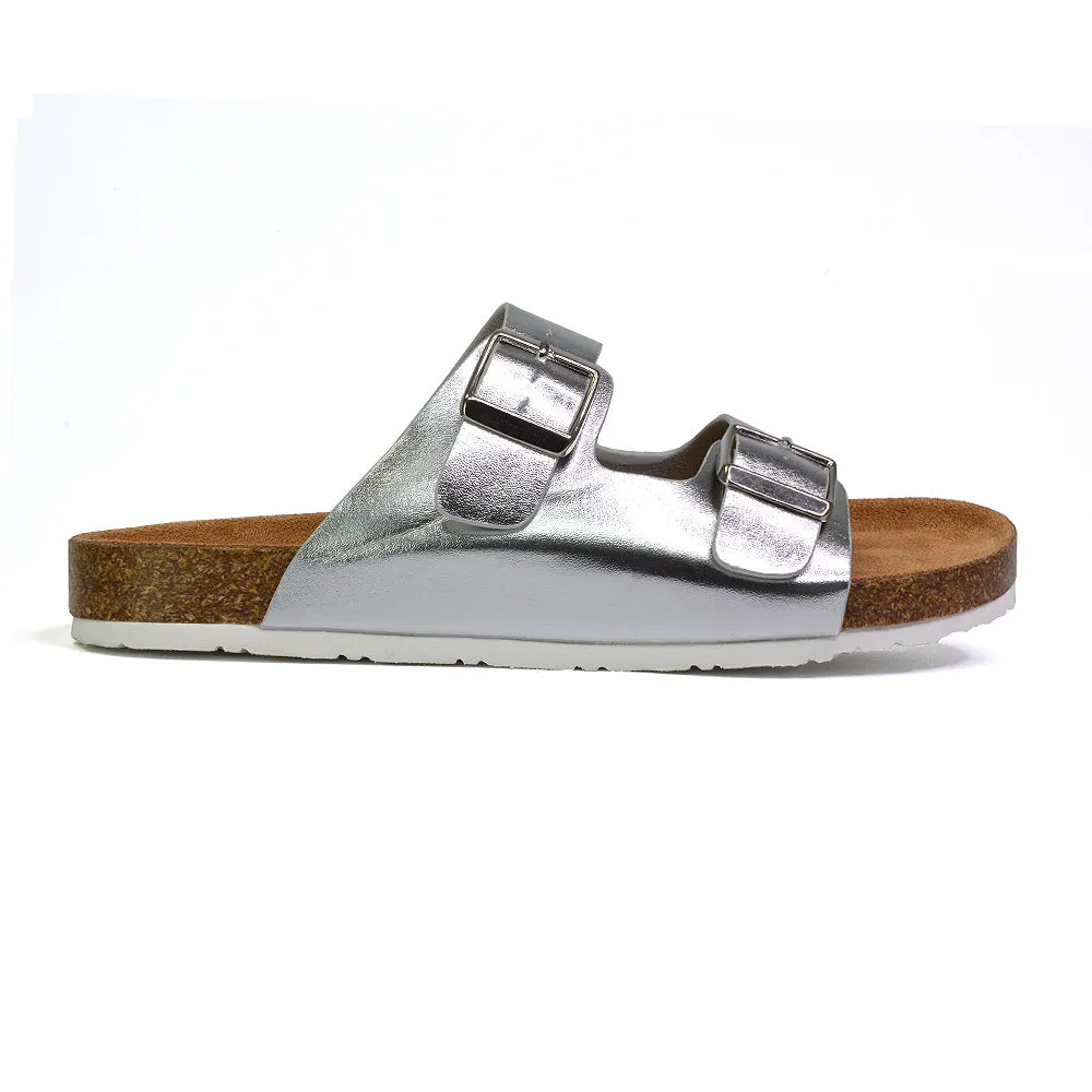 Star Double Buckle Strap Flat Slider Casual Footbed Summer Mule Sandals in Gold