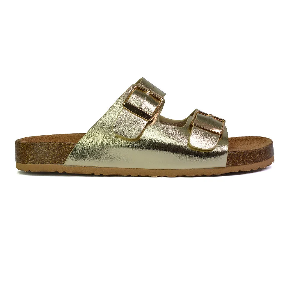 Star Double Buckle Strap Flat Slider Casual Footbed Summer Mule Sandals in Gold