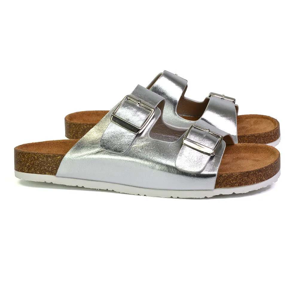 Star Double Buckle Strap Flat Slider Casual Footbed Summer Mule Sandals in Gold