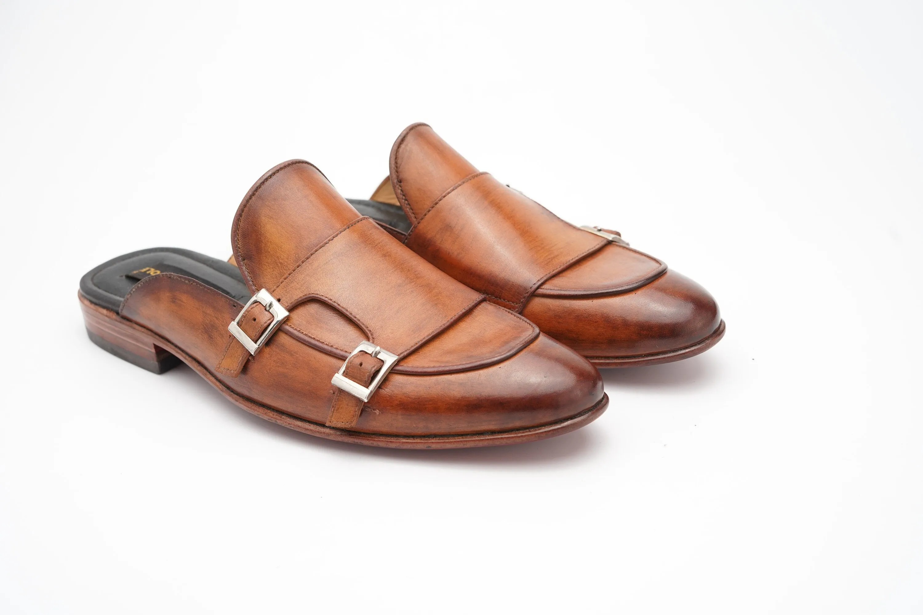 Tan Double Buckle Monk Backless Slip-On Mule Custom Made-To-Order Shoes  Premium Quality Handmade