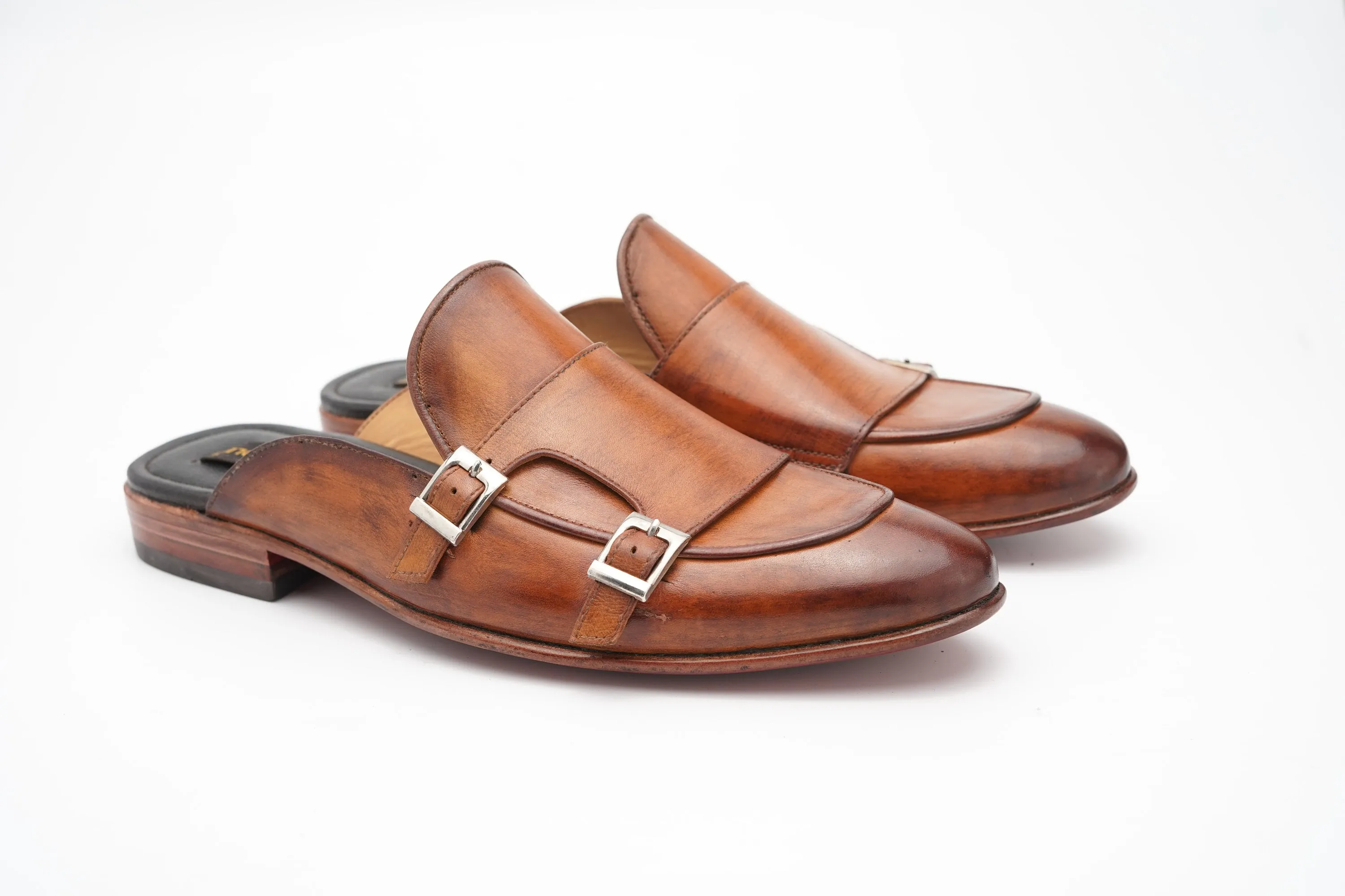 Tan Double Buckle Monk Backless Slip-On Mule Custom Made-To-Order Shoes  Premium Quality Handmade