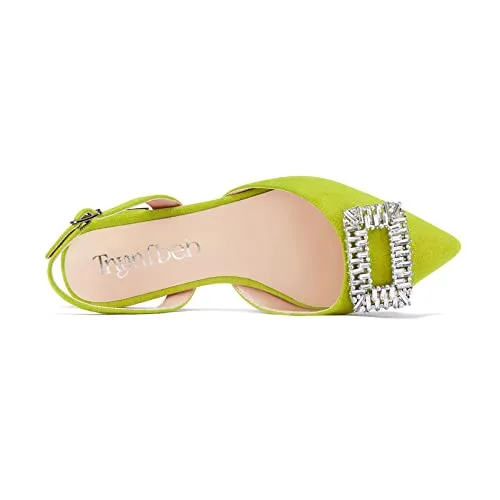 TNYNFBEB Women Chunky Block Low Heel Pointed Toe Flats Shoes Slingback Buckle Rhinestone Crystal Party Cute 0.6 Inches Heels Lime Green