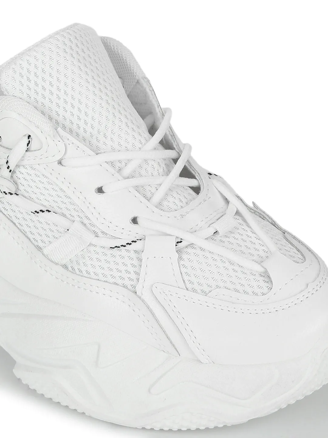 Total White PU Side Lace Pattern Chunky Sneakers