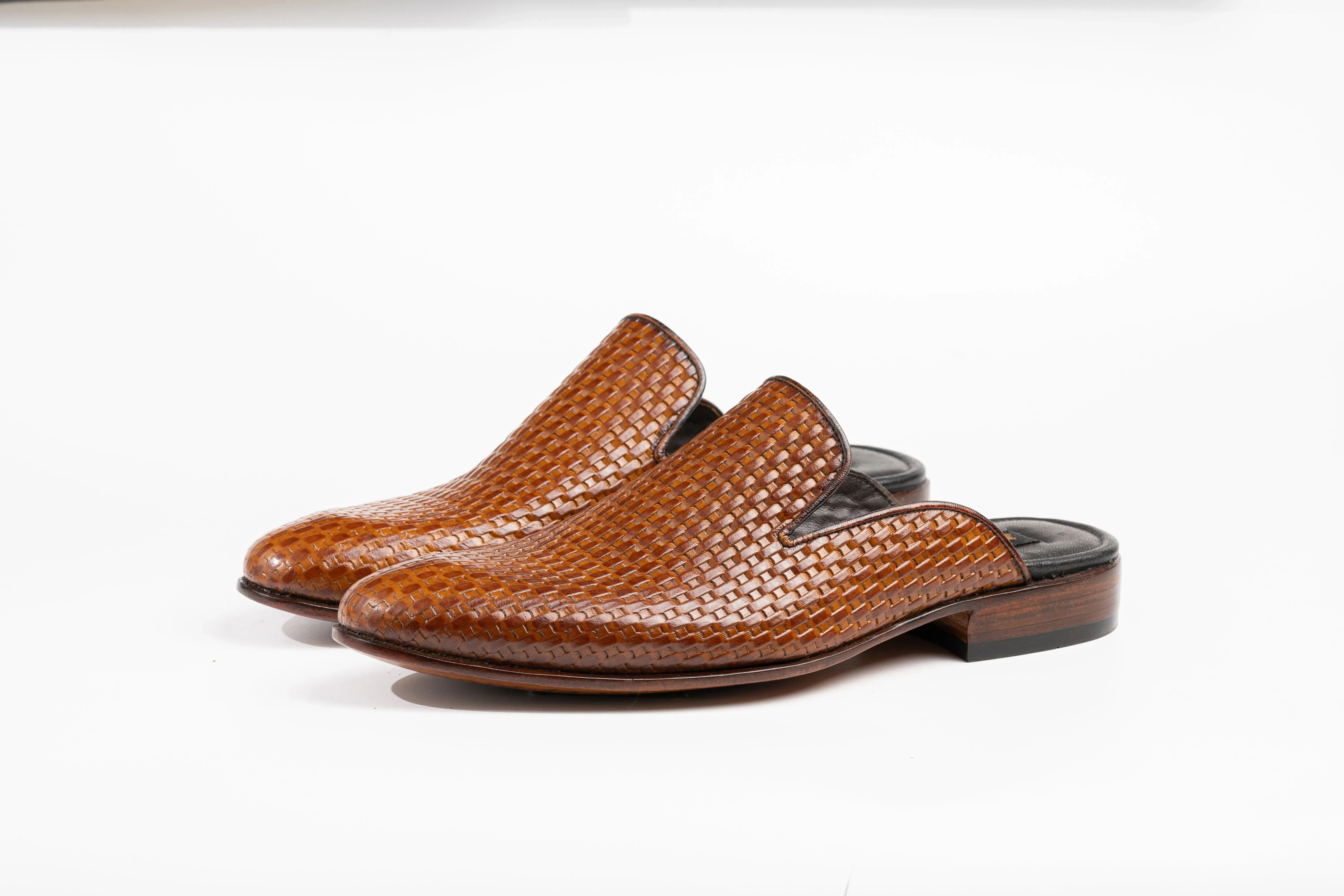 Two Toned Brown Weave leather Whole Cut loafer Backless Slip On Mule Made-To-Order Premium Quality Handmade with Genuine leather Outsole Mens leather mule shoes