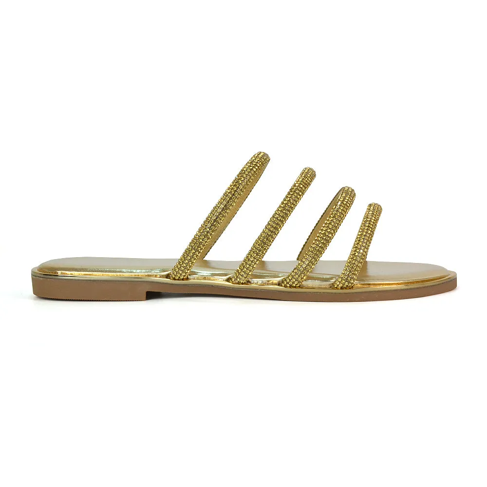 Valentina Slip On Diamante Strappy Rhinestone Flat Sandals in Gold