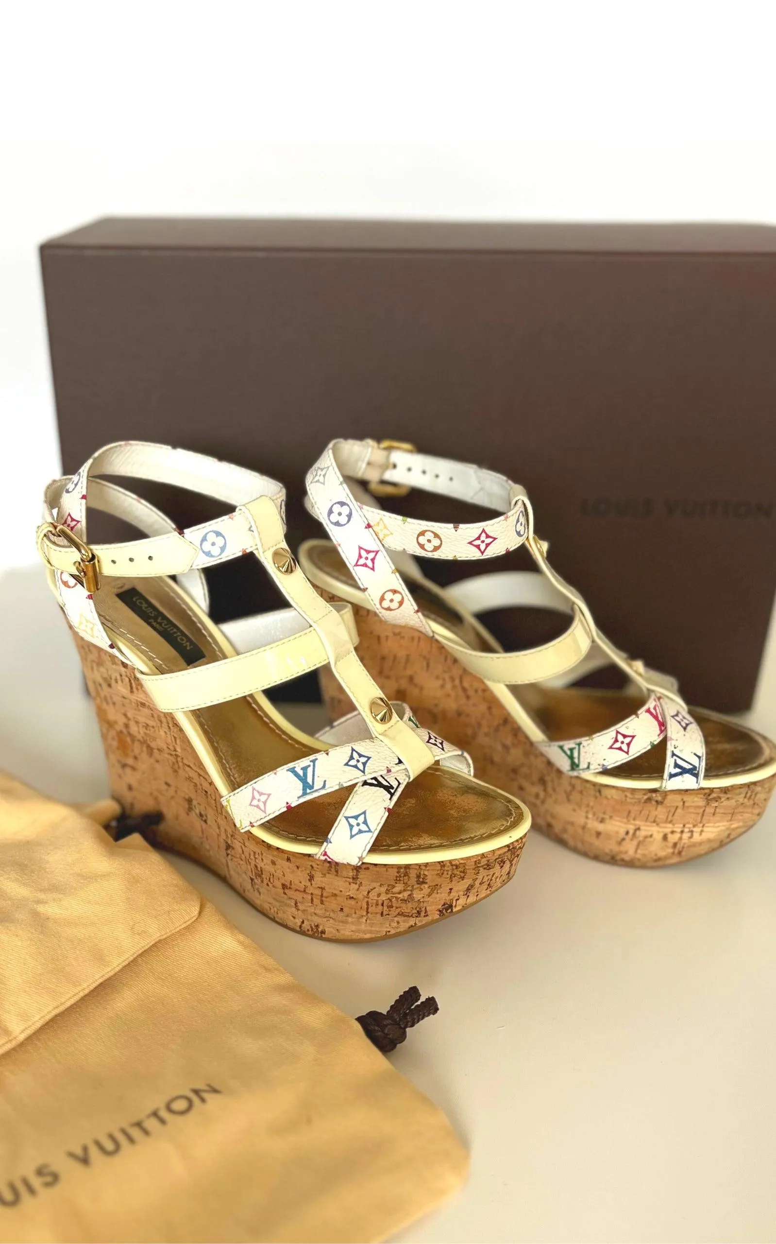 White Monogram Multicolor Wedge