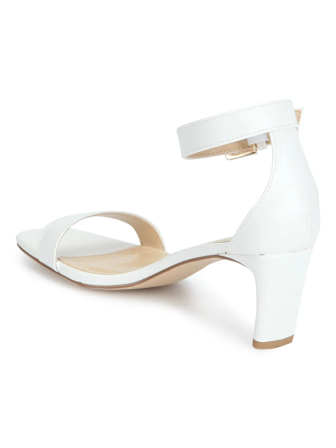 White PU Ankle Strap Low Slim Block Heels