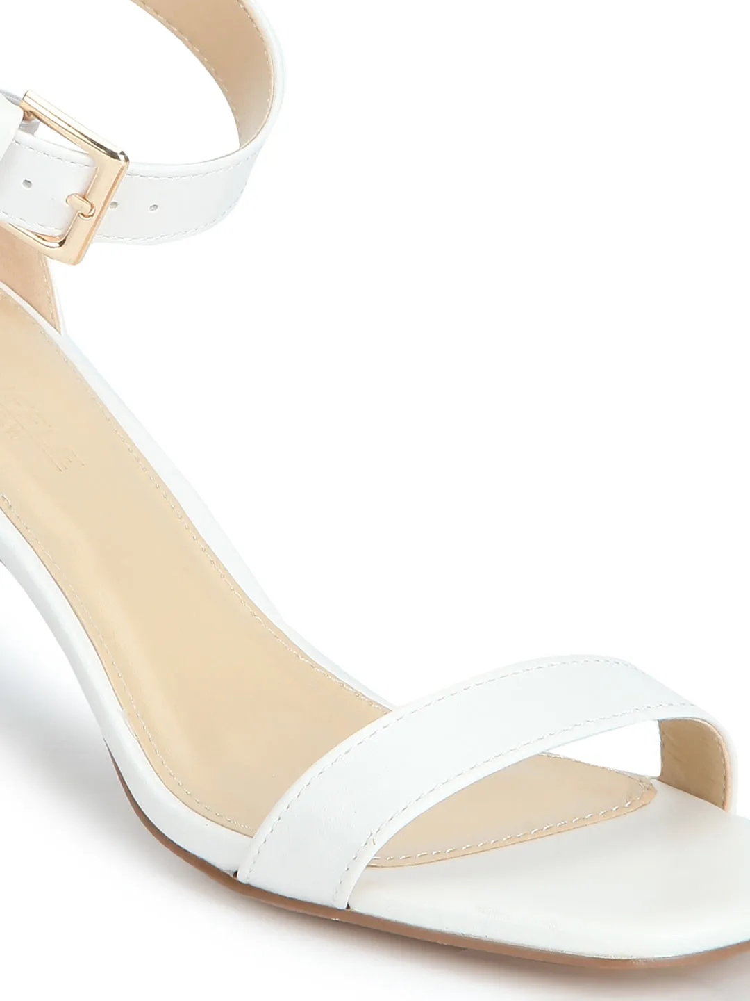 White PU Ankle Strap Low Slim Block Heels