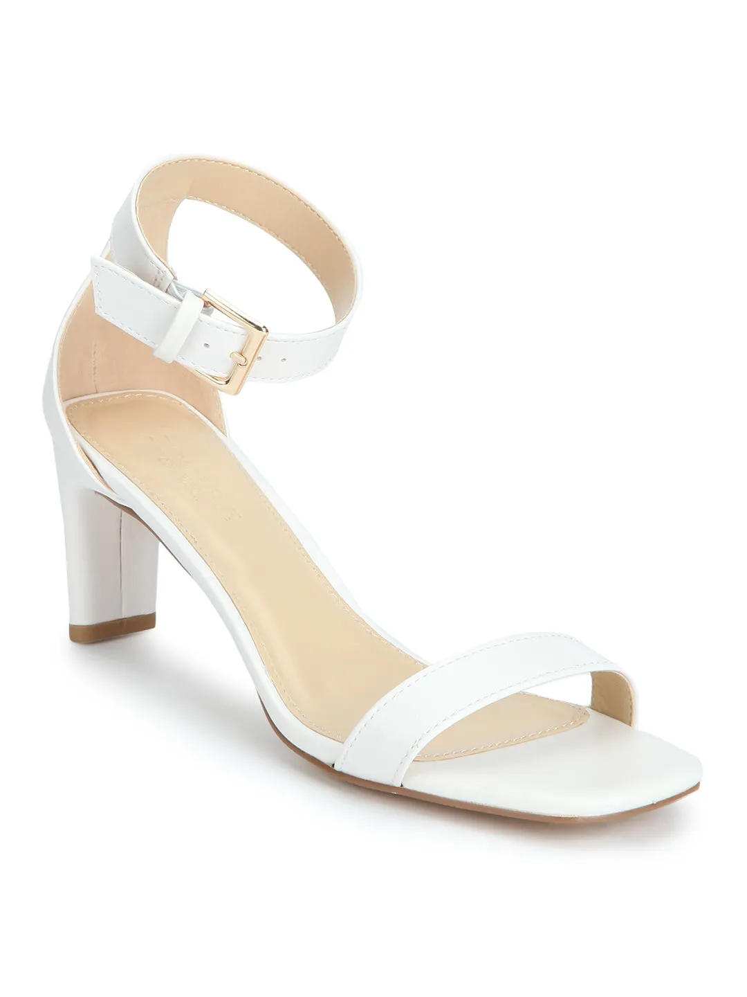 White PU Ankle Strap Low Slim Block Heels