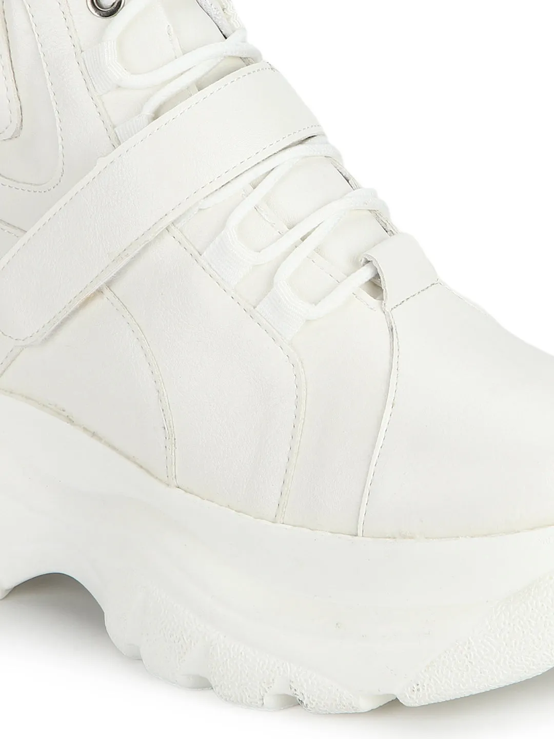 White PU Cleated Platform Lace-Up Sneakers