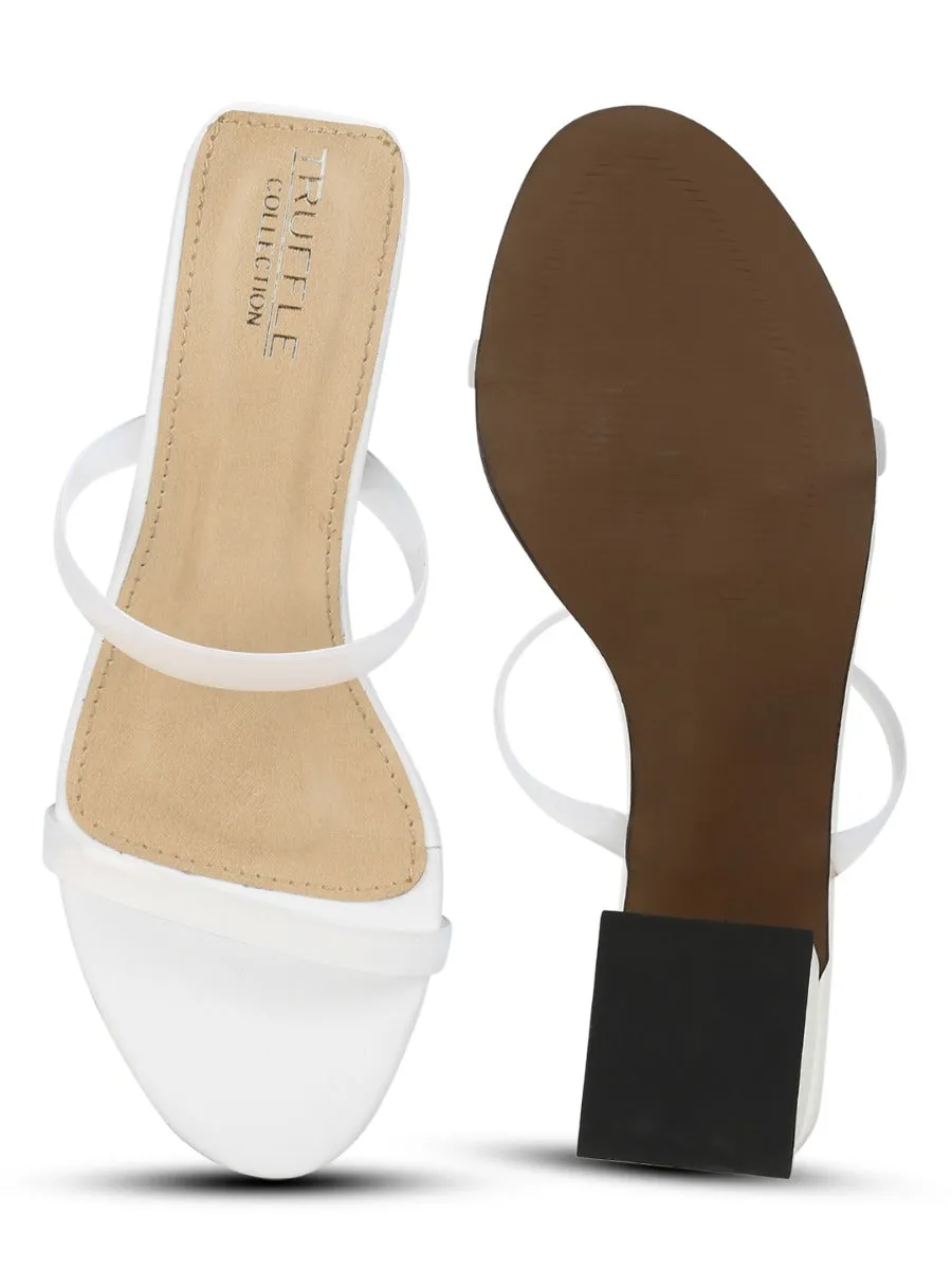 White PU Slip On Low Heel Mules