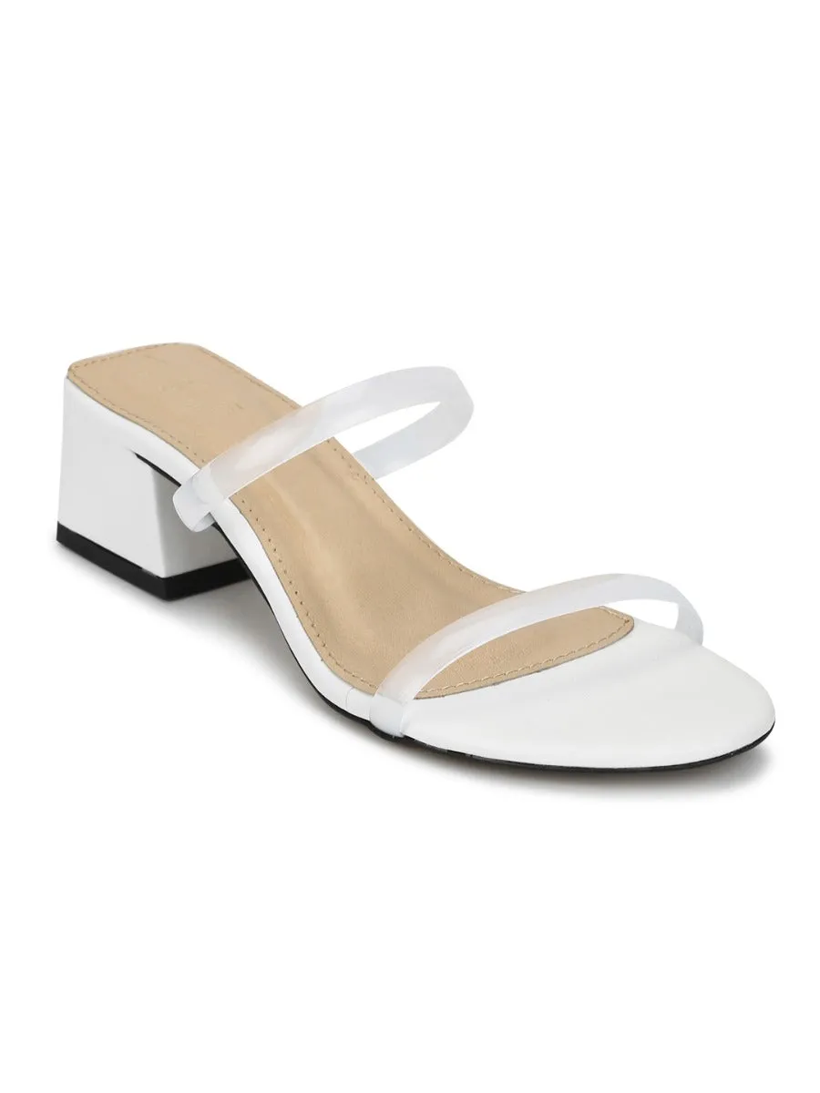 White PU Slip On Low Heel Mules