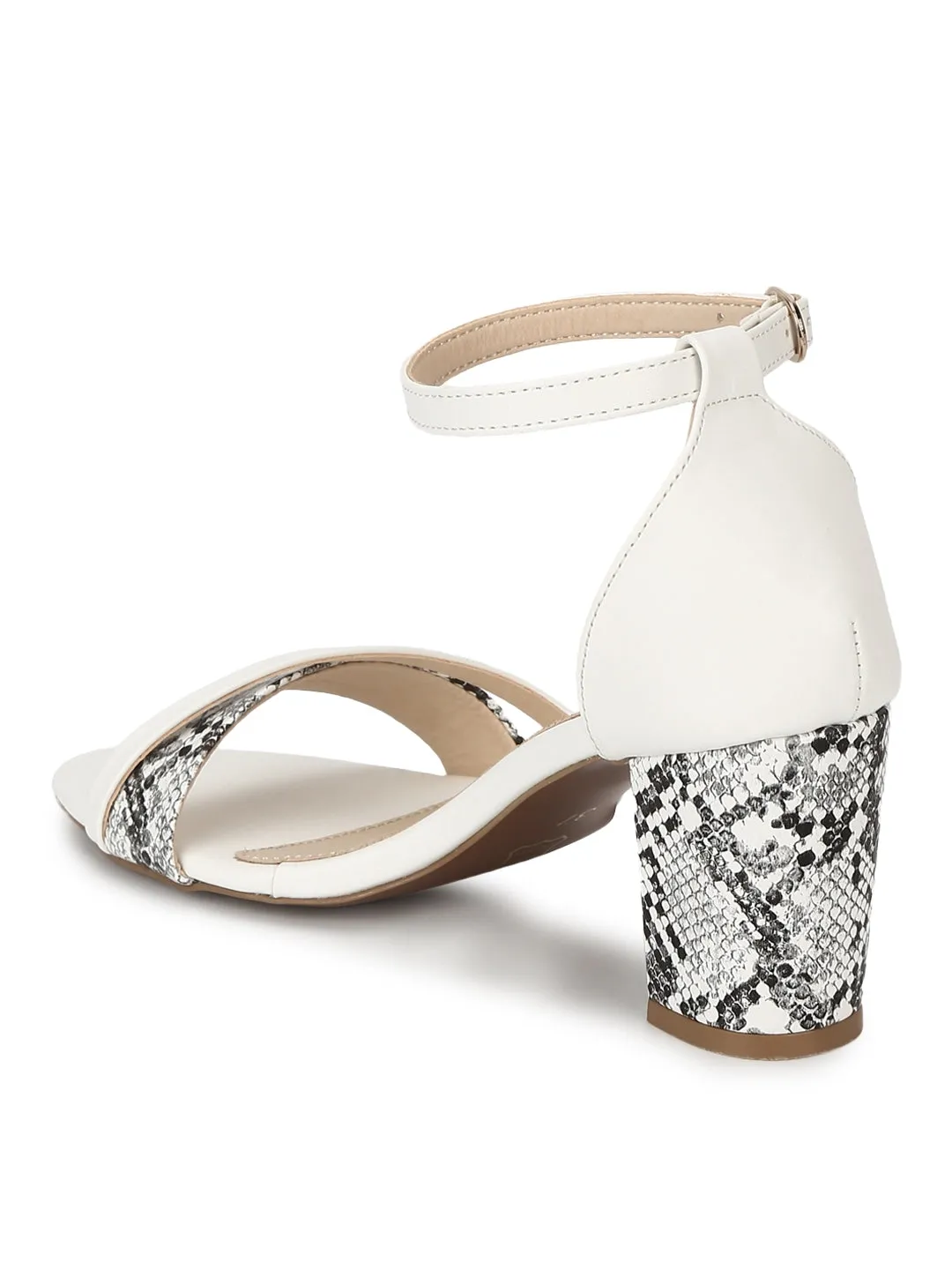 White PU Snake Pattern Block Heels