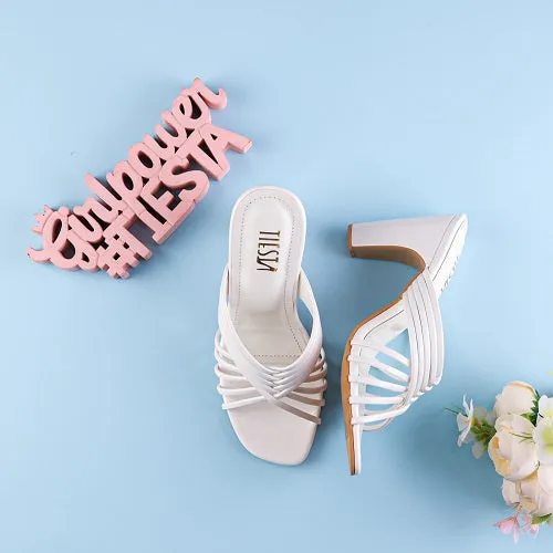 White Strappy Block Heels | Tiesta Shoes