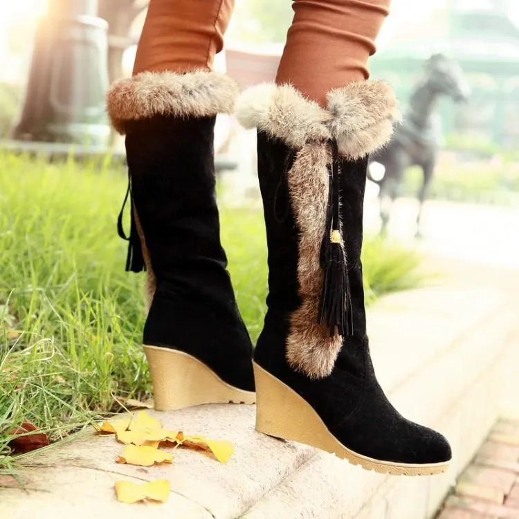 Women Keep Warm Lining Faux Fur Wedge High Heel Fringe Snow Boots