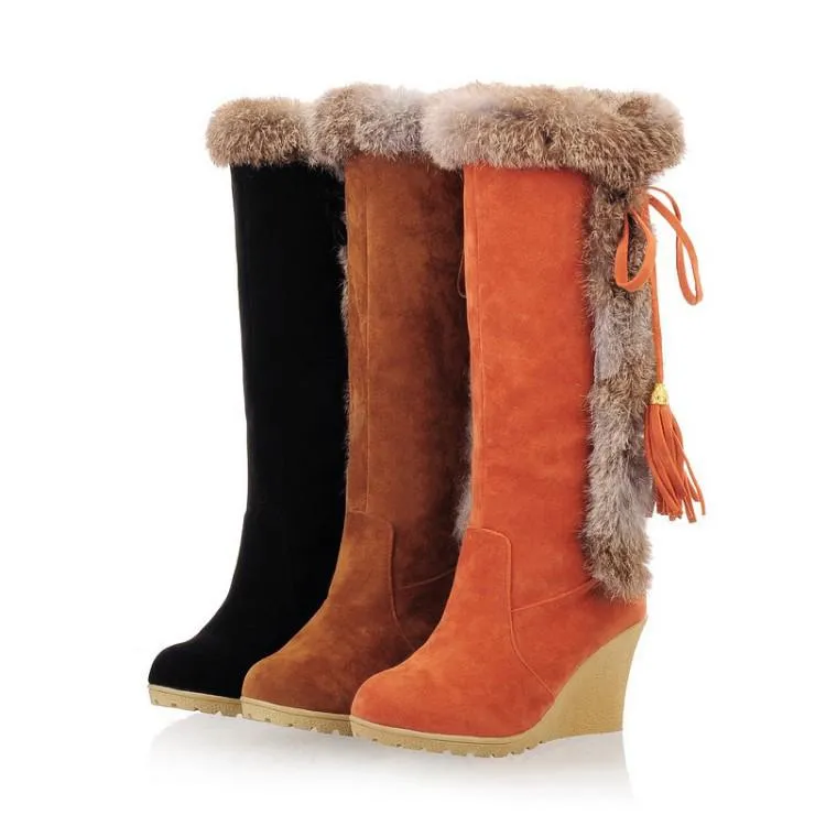 Women Keep Warm Lining Faux Fur Wedge High Heel Fringe Snow Boots