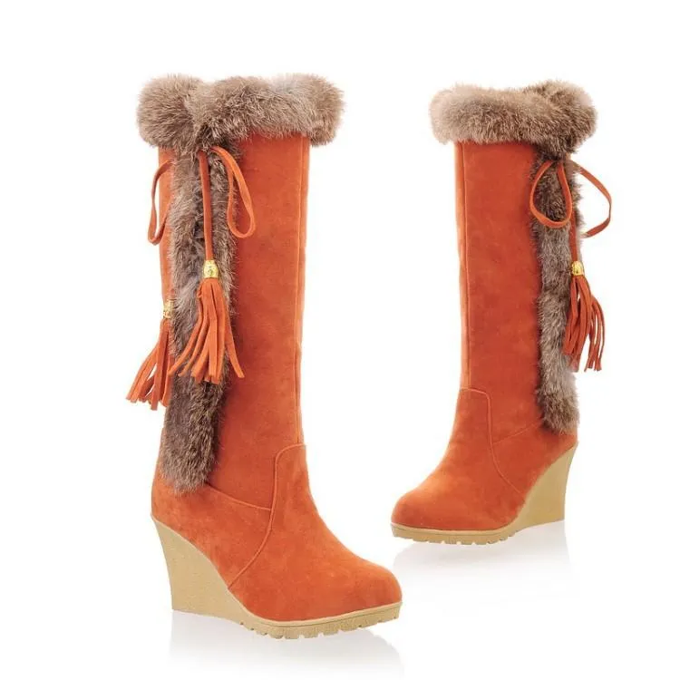 Women Keep Warm Lining Faux Fur Wedge High Heel Fringe Snow Boots