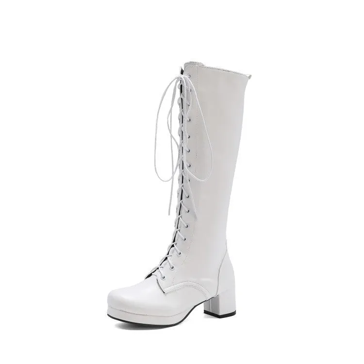 Women lace up platform chunky heel knee high boots