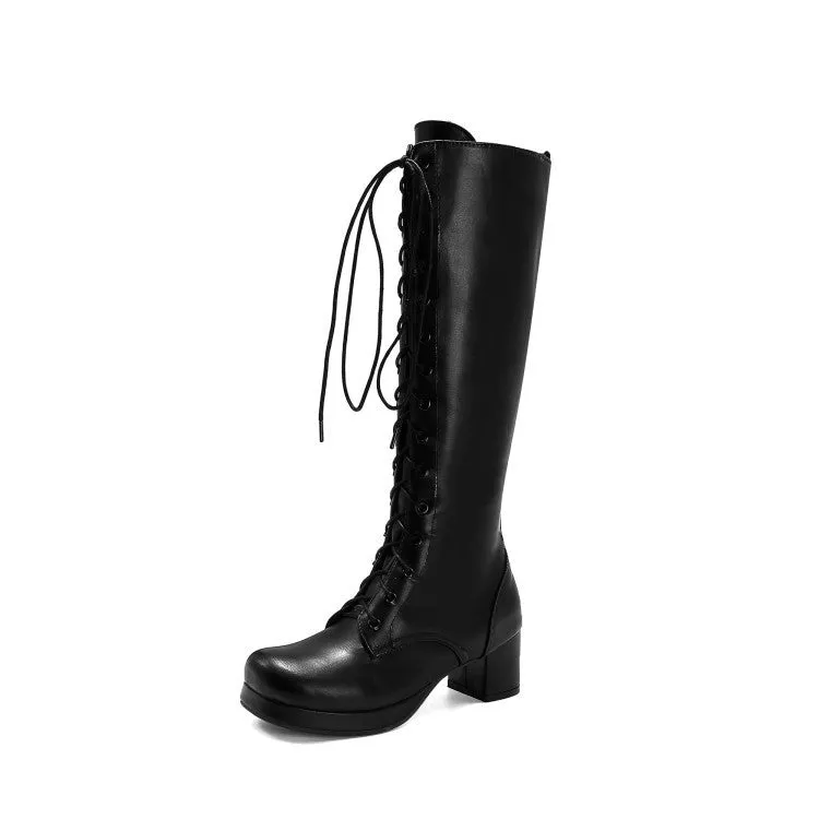 Women lace up platform chunky heel knee high boots