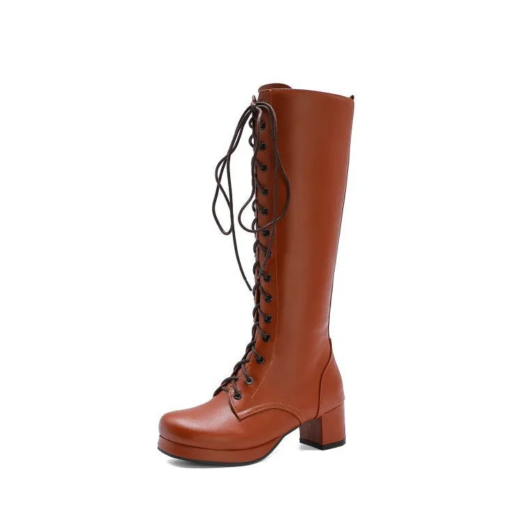 Women lace up platform chunky heel knee high boots