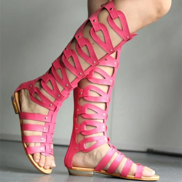 Women peep toe studded gladiator sandals strappy hollow back zipper roman sandals