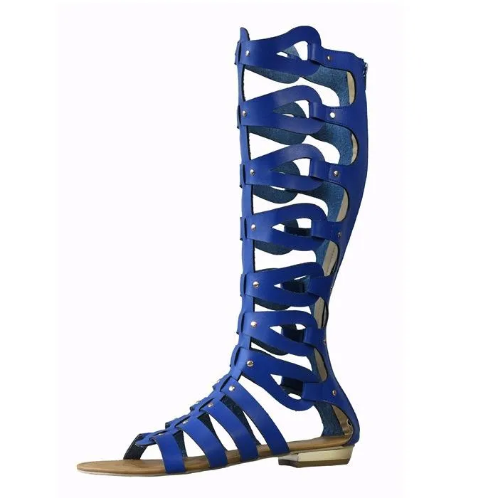 Women peep toe studded gladiator sandals strappy hollow back zipper roman sandals